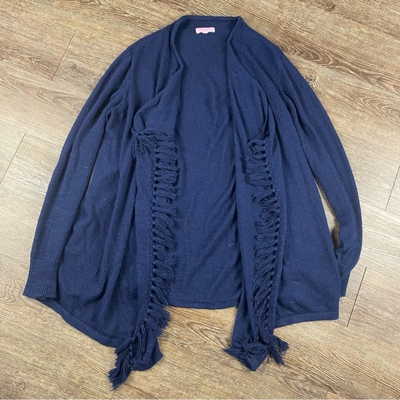 Lilly Pulitzer Cardigan Sweater Blue Duster Open Front Waterfall Tassel Viscose - Picture 1 of 8